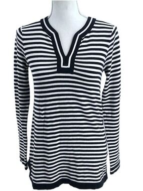 Lands' End Black & White Striped Long Sleeve Split Neck Cotton Sweater 3x
